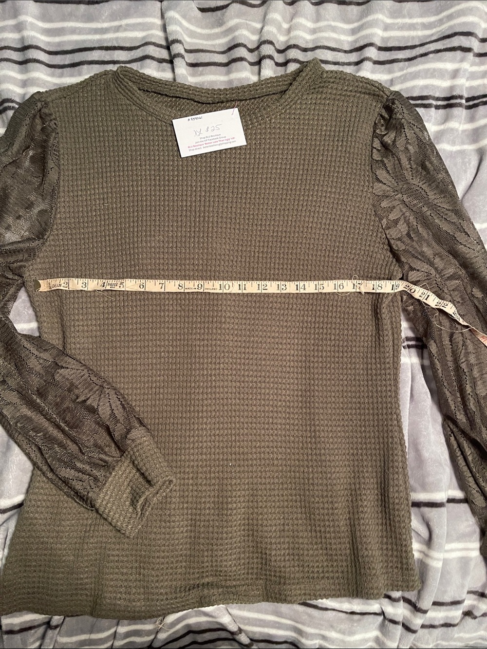 a new day Olive Green Waffle Knit Top with Lace Sleeves